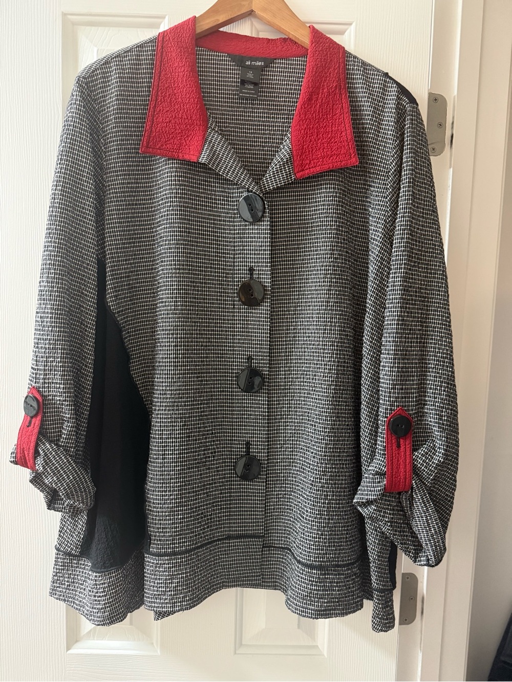 Ali Miles Plus Size 1X Black White Micro Check Lagenlook Jacket Red Trim 26x29
